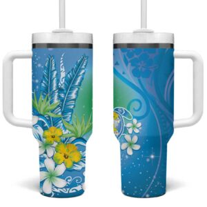 Hawaii Honu Tropical Flowers Blue Gradient Custom Stanley Quencher 40oz Stainless Steel Tumbler With Handle - Threewoofs