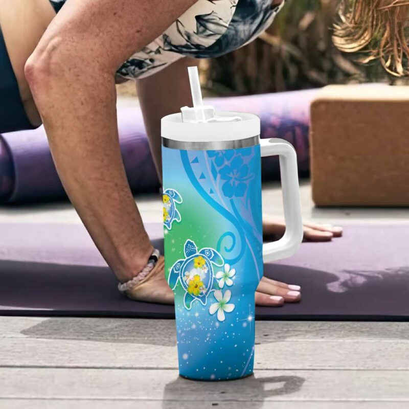 Hawaii Honu Tropical Flowers Blue Gradient Custom Stanley Quencher 40oz Stainless Steel Tumbler With Handle - Threewoofs - Image 6