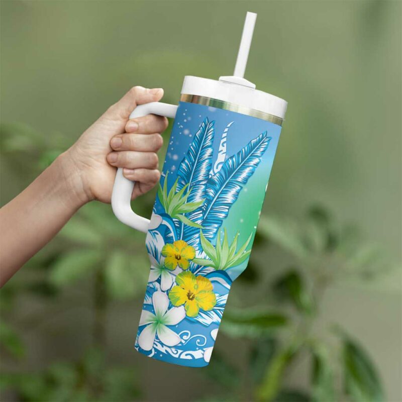 Hawaii Honu Tropical Flowers Blue Gradient Custom Stanley Quencher 40oz Stainless Steel Tumbler With Handle - Threewoofs - Image 3