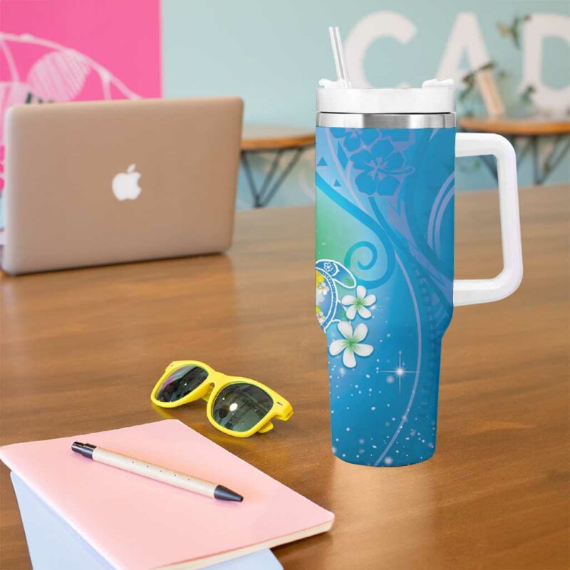 Hawaii Honu Tropical Flowers Blue Gradient Custom Stanley Quencher 40oz Stainless Steel Tumbler With Handle - Threewoofs - Image 5