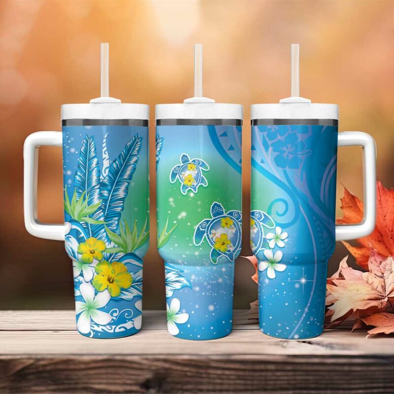 Hawaii Honu Tropical Flowers Blue Gradient Custom Stanley Quencher 40oz Stainless Steel Tumbler With Handle - Threewoofs - Image 4