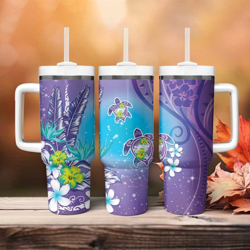 Hawaii Honu Tropical Flowers Purple Gradient Custom Stanley Quencher 40oz Stainless Steel Tumbler With Handle - Threewoofs - Image 4