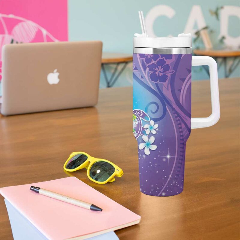 Hawaii Honu Tropical Flowers Purple Gradient Custom Stanley Quencher 40oz Stainless Steel Tumbler With Handle - Threewoofs - Image 5