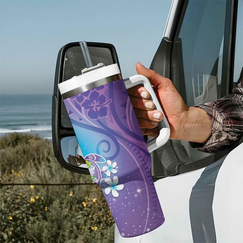 Hawaii Honu Tropical Flowers Purple Gradient Custom Stanley Quencher 40oz Stainless Steel Tumbler With Handle - Threewoofs - Image 7