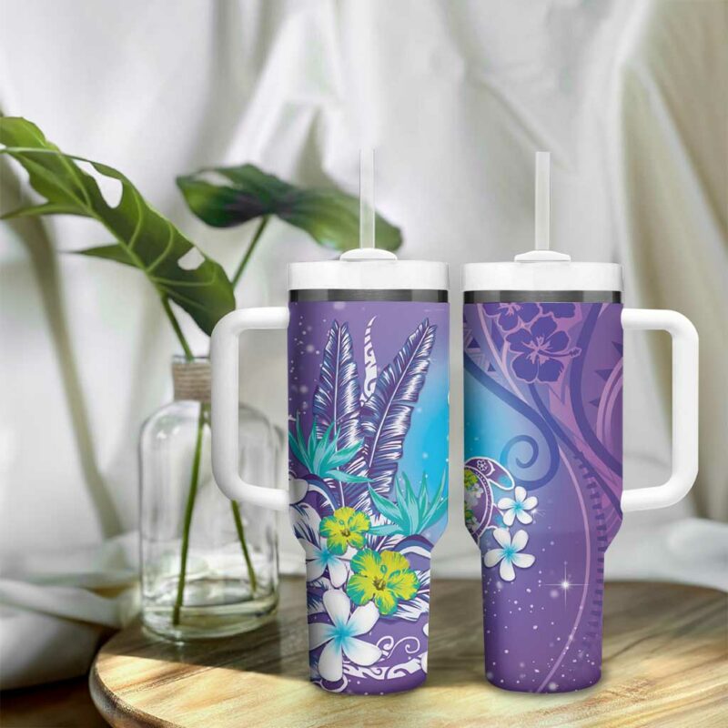 Hawaii Honu Tropical Flowers Purple Gradient Custom Stanley Quencher 40oz Stainless Steel Tumbler With Handle - Threewoofs - Image 9