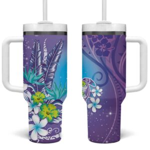 Hawaii Honu Tropical Flowers Purple Gradient Custom Stanley Quencher 40oz Stainless Steel Tumbler With Handle - Threewoofs