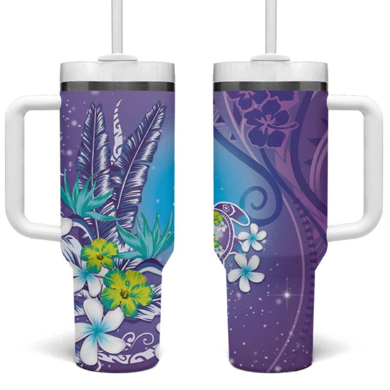 Hawaii Honu Tropical Flowers Purple Gradient Custom Stanley Quencher 40oz Stainless Steel Tumbler With Handle - Threewoofs
