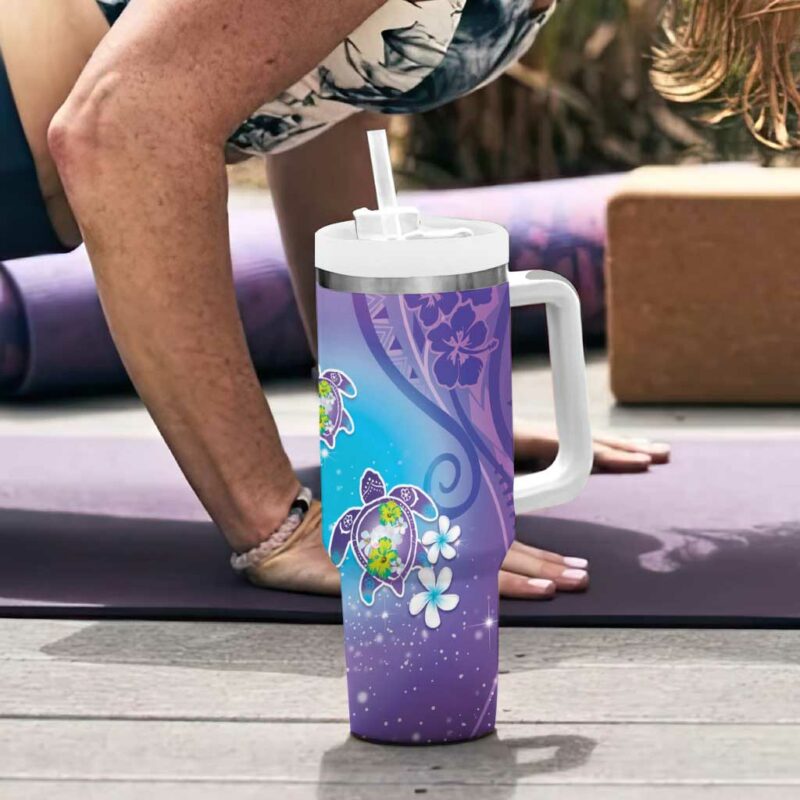 Hawaii Honu Tropical Flowers Purple Gradient Custom Stanley Quencher 40oz Stainless Steel Tumbler With Handle - Threewoofs - Image 6
