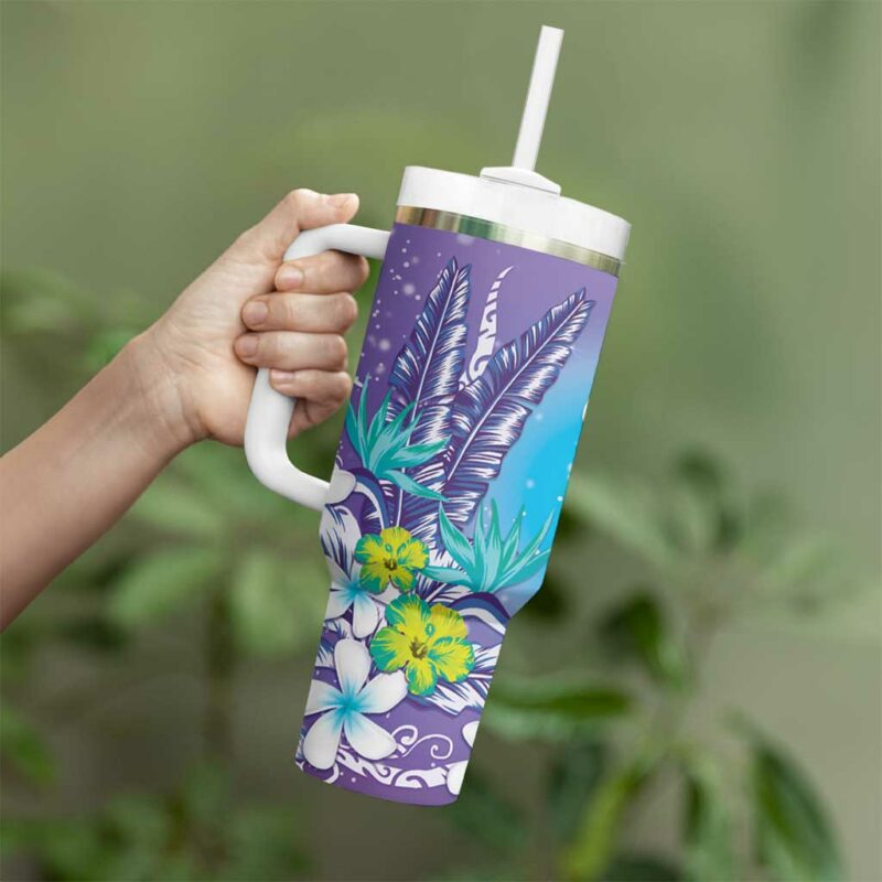 Hawaii Honu Tropical Flowers Purple Gradient Custom Stanley Quencher 40oz Stainless Steel Tumbler With Handle - Threewoofs - Image 3