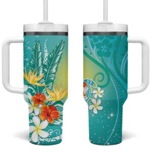 Hawaii Honu Tropical Flowers Turquoise Gradient Custom Stanley Quencher 40oz Stainless Steel Tumbler With Handle - Threewoofs