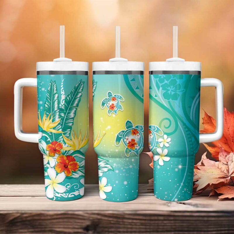 Hawaii Honu Tropical Flowers Turquoise Gradient Custom Stanley Quencher 40oz Stainless Steel Tumbler With Handle - Threewoofs - Image 4