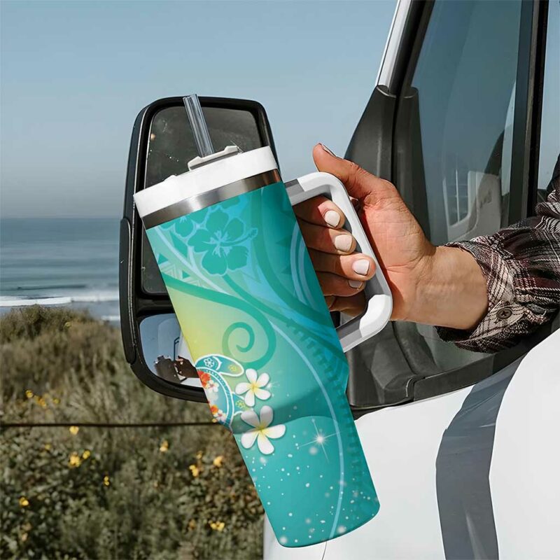Hawaii Honu Tropical Flowers Turquoise Gradient Custom Stanley Quencher 40oz Stainless Steel Tumbler With Handle - Threewoofs - Image 7