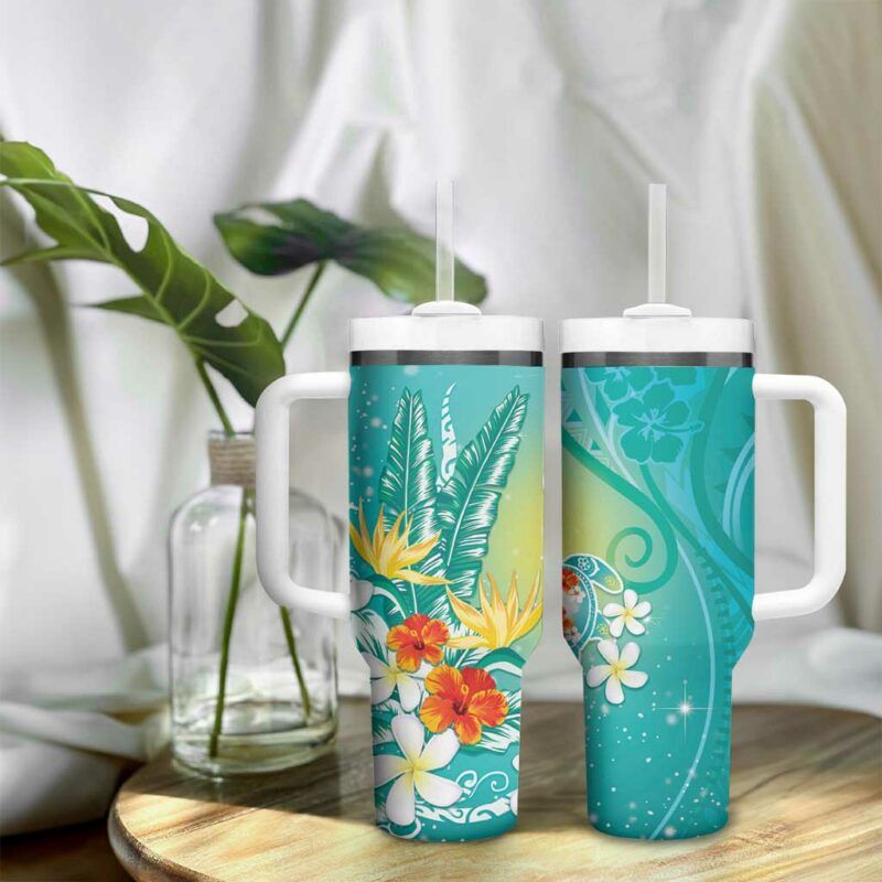 Hawaii Honu Tropical Flowers Turquoise Gradient Custom Stanley Quencher 40oz Stainless Steel Tumbler With Handle - Threewoofs - Image 9