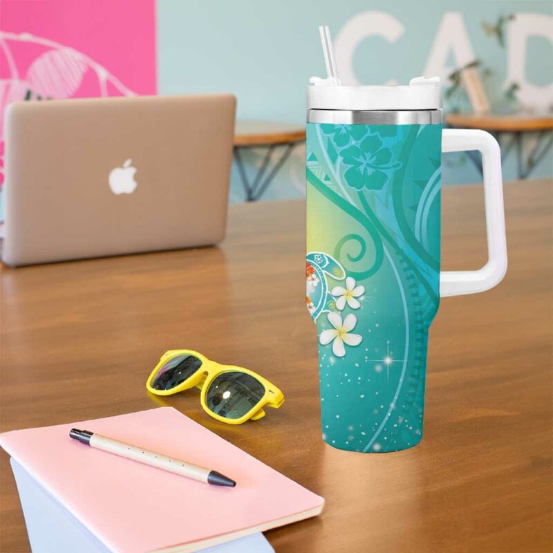 Hawaii Honu Tropical Flowers Turquoise Gradient Custom Stanley Quencher 40oz Stainless Steel Tumbler With Handle - Threewoofs - Image 5