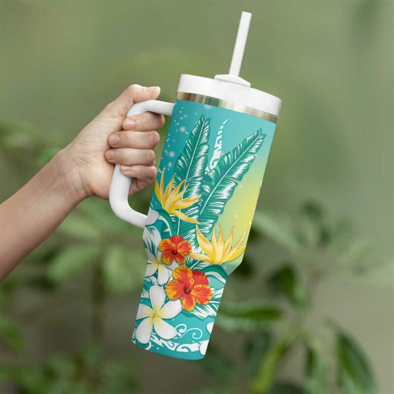 Hawaii Honu Tropical Flowers Turquoise Gradient Custom Stanley Quencher 40oz Stainless Steel Tumbler With Handle - Threewoofs - Image 3