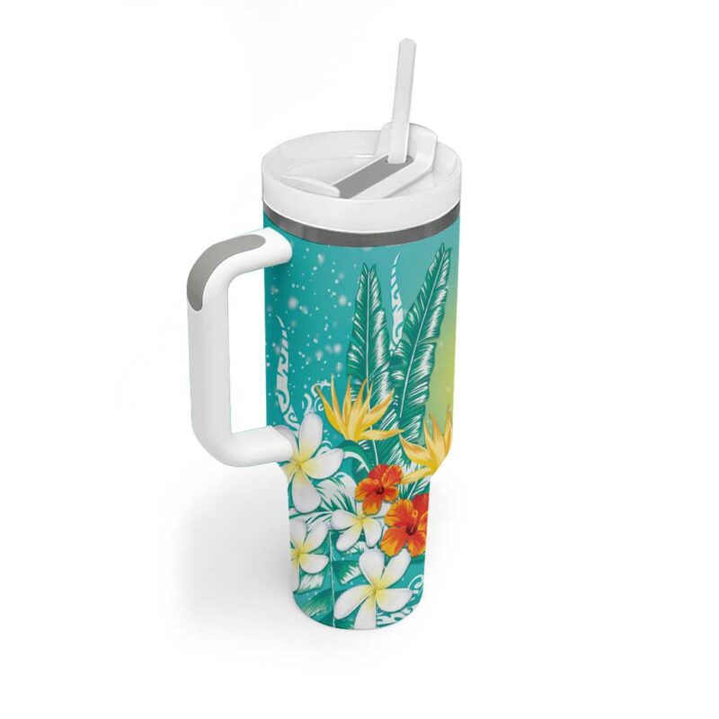 Hawaii Honu Tropical Flowers Turquoise Gradient Custom Stanley Quencher 40oz Stainless Steel Tumbler With Handle - Threewoofs - Image 2