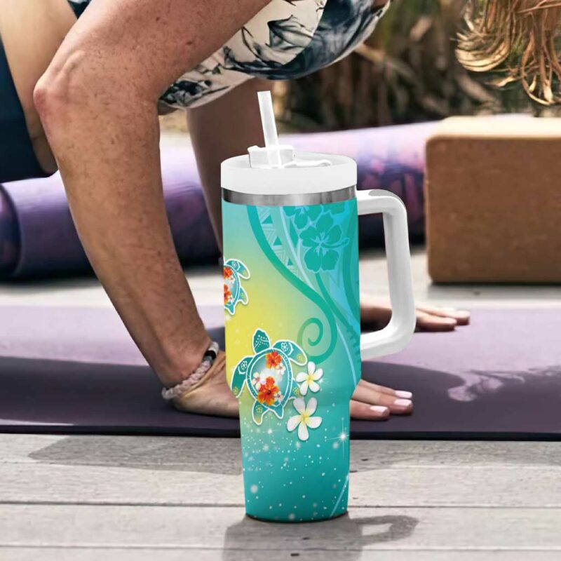 Hawaii Honu Tropical Flowers Turquoise Gradient Custom Stanley Quencher 40oz Stainless Steel Tumbler With Handle - Threewoofs - Image 6
