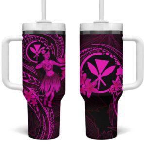 Hawaii Hula Girl Mix Polynesian Plumeria Pink Custom Stanley Quencher 40oz Stainless Steel Tumbler With Handle - Threewoofs