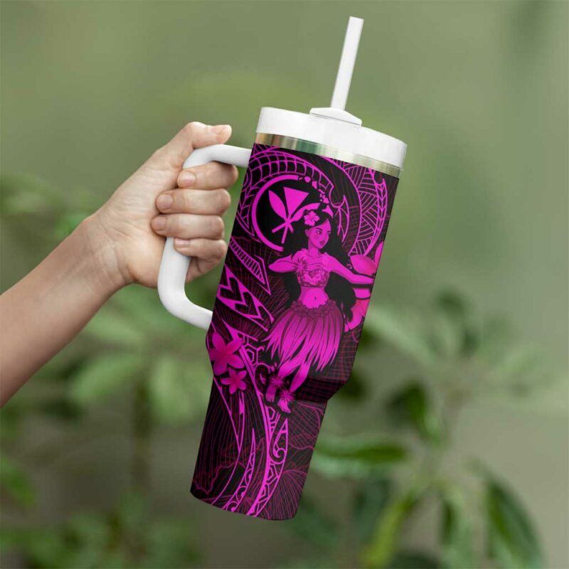 Hawaii Hula Girl Mix Polynesian Plumeria Pink Custom Stanley Quencher 40oz Stainless Steel Tumbler With Handle - Threewoofs - Image 3