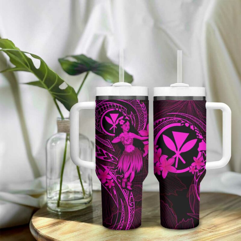 Hawaii Hula Girl Mix Polynesian Plumeria Pink Custom Stanley Quencher 40oz Stainless Steel Tumbler With Handle - Threewoofs - Image 9