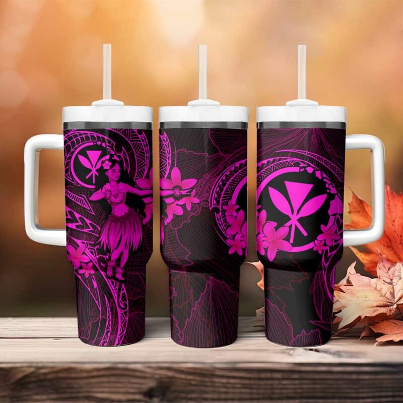 Hawaii Hula Girl Mix Polynesian Plumeria Pink Custom Stanley Quencher 40oz Stainless Steel Tumbler With Handle - Threewoofs - Image 4