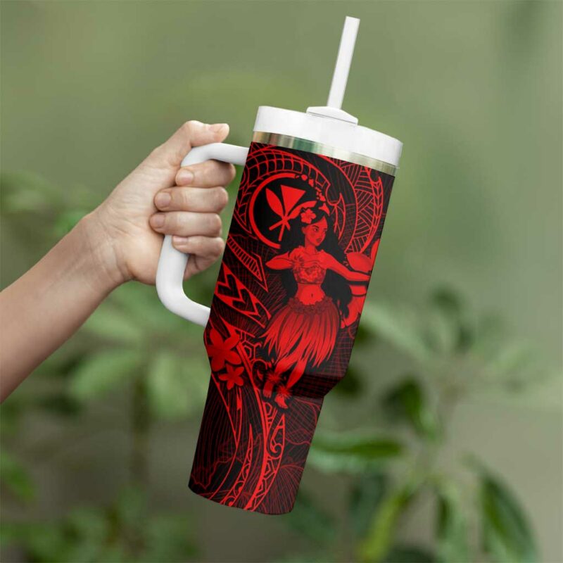 Hawaii Hula Girl Mix Polynesian Plumeria Red Custom Stanley Quencher 40oz Stainless Steel Tumbler With Handle - Threewoofs - Image 3