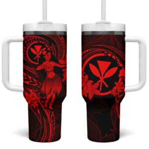 Hawaii Hula Girl Mix Polynesian Plumeria Red Custom Stanley Quencher 40oz Stainless Steel Tumbler With Handle - Threewoofs