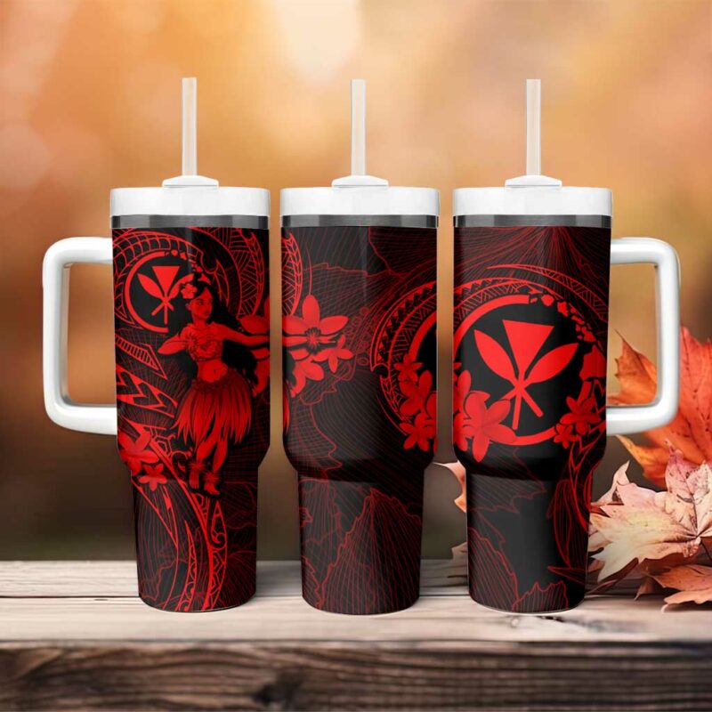 Hawaii Hula Girl Mix Polynesian Plumeria Red Custom Stanley Quencher 40oz Stainless Steel Tumbler With Handle - Threewoofs - Image 4