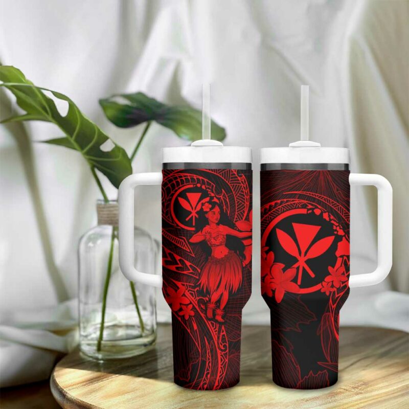 Hawaii Hula Girl Mix Polynesian Plumeria Red Custom Stanley Quencher 40oz Stainless Steel Tumbler With Handle - Threewoofs - Image 9