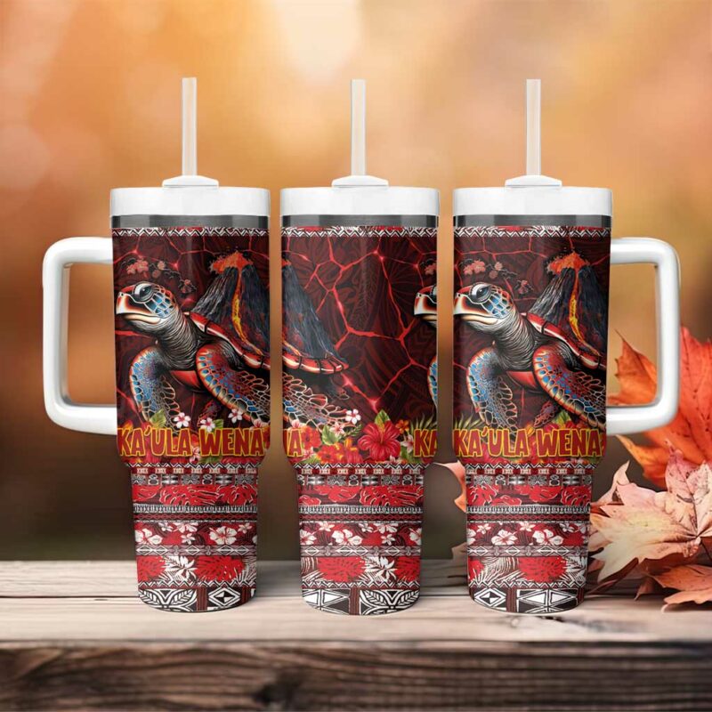 Hawaii KaUla Wena Volcano Turtle Lava and Tropical Plants Tribal Custom Stanley Quencher 40oz Stainless Steel Tumbler With Handle - Threewoofs - Image 4