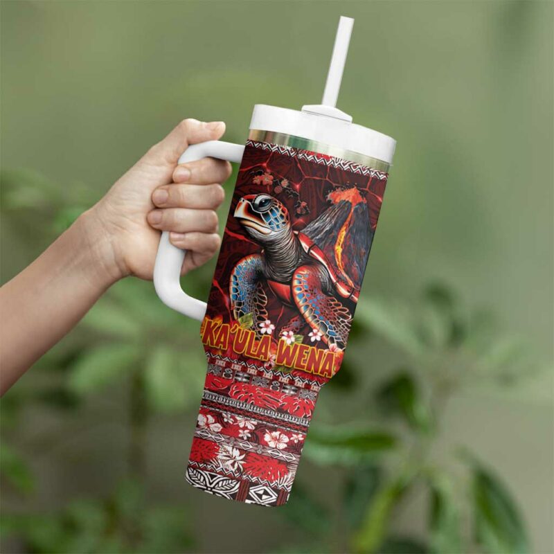 Hawaii KaUla Wena Volcano Turtle Lava and Tropical Plants Tribal Custom Stanley Quencher 40oz Stainless Steel Tumbler With Handle - Threewoofs - Image 3