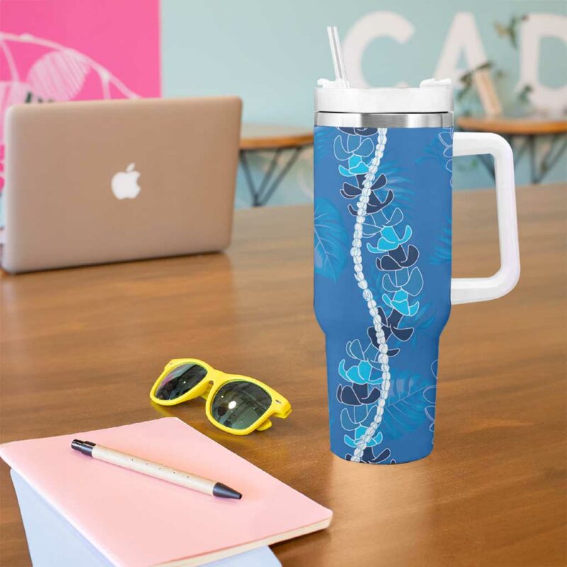 Hawaii Maile Lei With Blue Monstera Custom Stanley Quencher 40oz Stainless Steel Tumbler With Handle - Threewoofs - Image 5