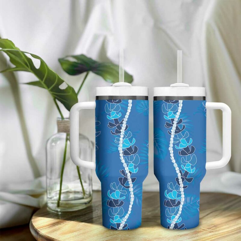 Hawaii Maile Lei With Blue Monstera Custom Stanley Quencher 40oz Stainless Steel Tumbler With Handle - Threewoofs - Image 9