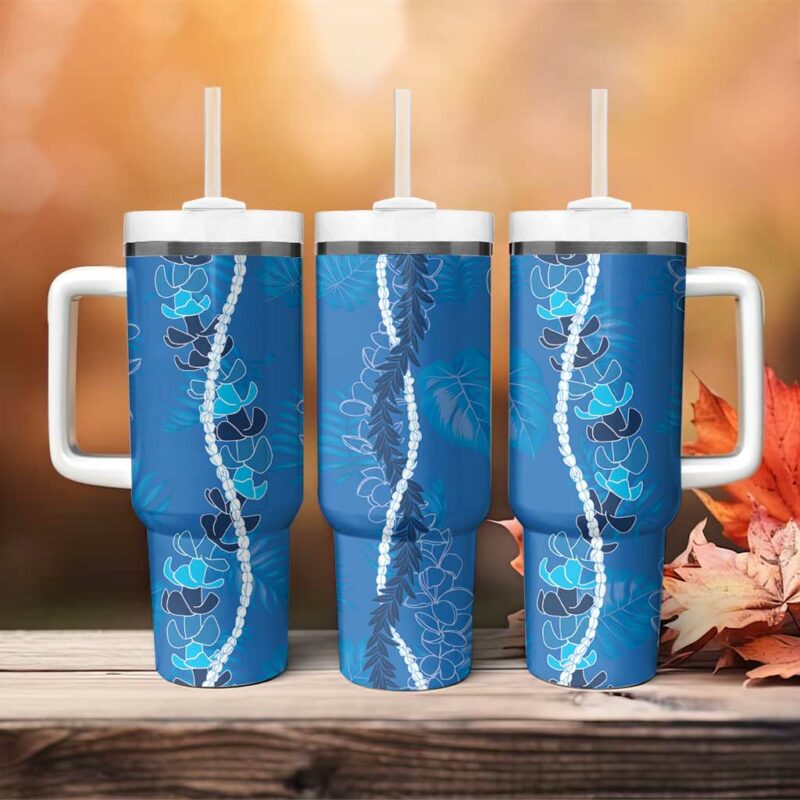 Hawaii Maile Lei With Blue Monstera Custom Stanley Quencher 40oz Stainless Steel Tumbler With Handle - Threewoofs - Image 4