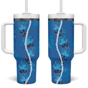 Hawaii Maile Lei With Blue Monstera Custom Stanley Quencher 40oz Stainless Steel Tumbler With Handle - Threewoofs