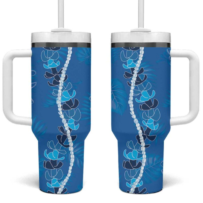Hawaii Maile Lei With Blue Monstera Custom Stanley Quencher 40oz Stainless Steel Tumbler With Handle - Threewoofs