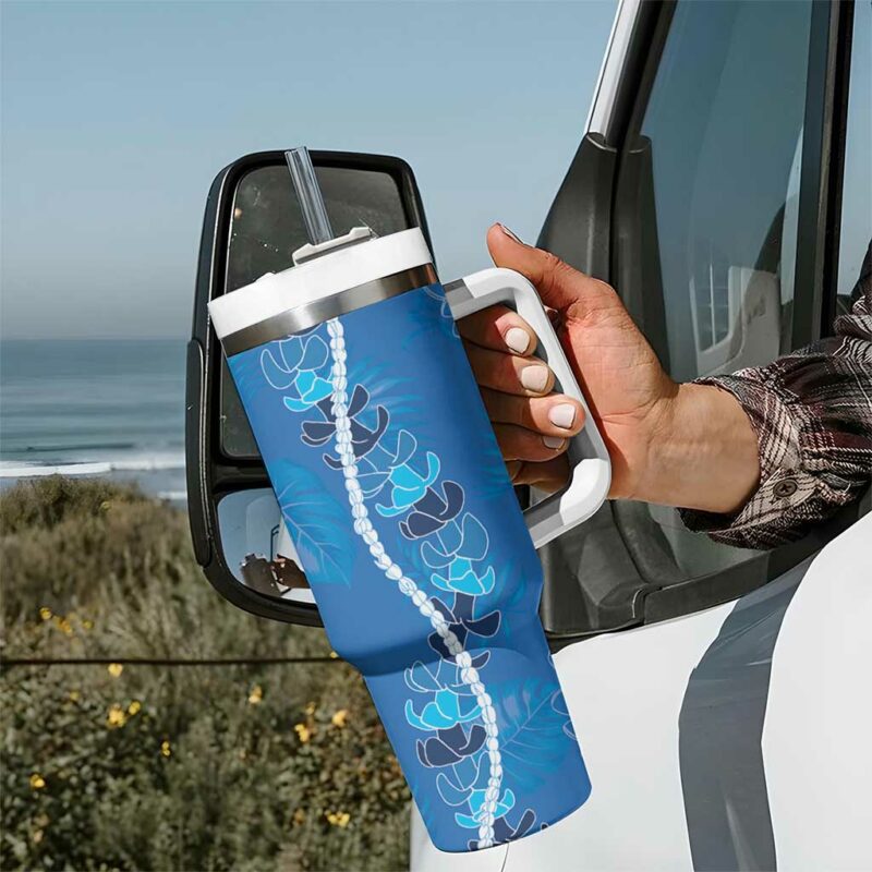 Hawaii Maile Lei With Blue Monstera Custom Stanley Quencher 40oz Stainless Steel Tumbler With Handle - Threewoofs - Image 7