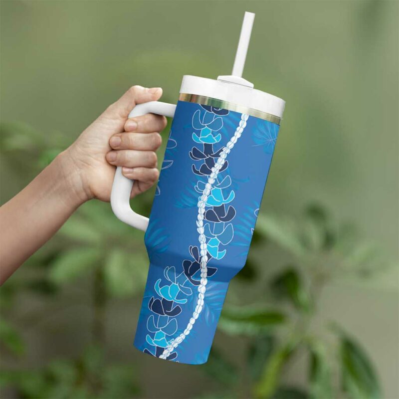 Hawaii Maile Lei With Blue Monstera Custom Stanley Quencher 40oz Stainless Steel Tumbler With Handle - Threewoofs - Image 3