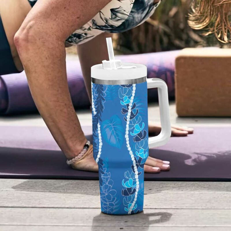 Hawaii Maile Lei With Blue Monstera Custom Stanley Quencher 40oz Stainless Steel Tumbler With Handle - Threewoofs - Image 6