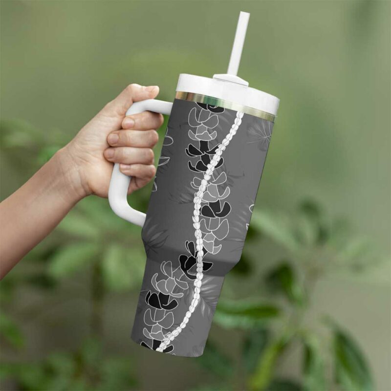 Hawaii Maile Lei With Gray Monstera Custom Stanley Quencher 40oz Stainless Steel Tumbler With Handle - Threewoofs - Image 3