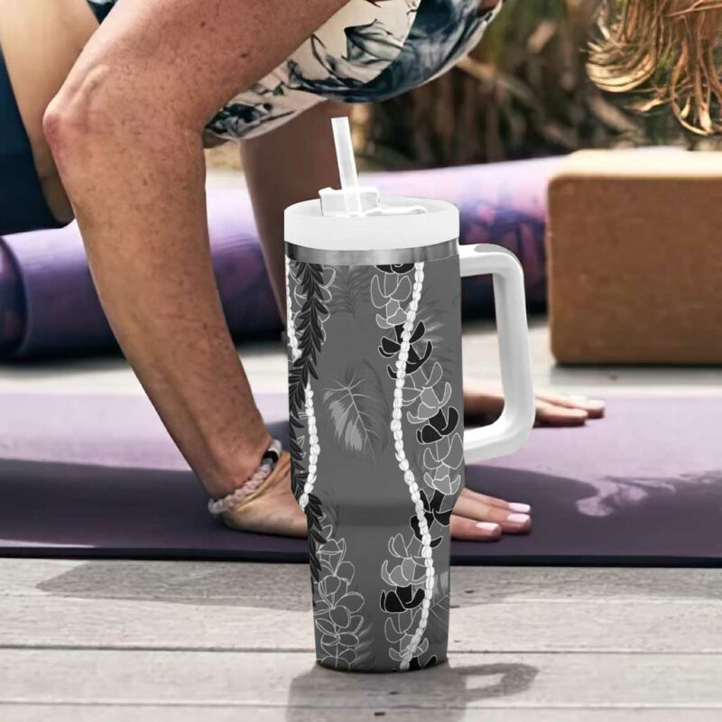Hawaii Maile Lei With Gray Monstera Custom Stanley Quencher 40oz Stainless Steel Tumbler With Handle - Threewoofs - Image 6