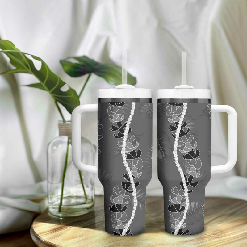 Hawaii Maile Lei With Gray Monstera Custom Stanley Quencher 40oz Stainless Steel Tumbler With Handle - Threewoofs - Image 9