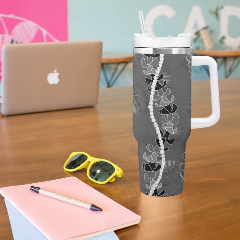 Hawaii Maile Lei With Gray Monstera Custom Stanley Quencher 40oz Stainless Steel Tumbler With Handle - Threewoofs - Image 5