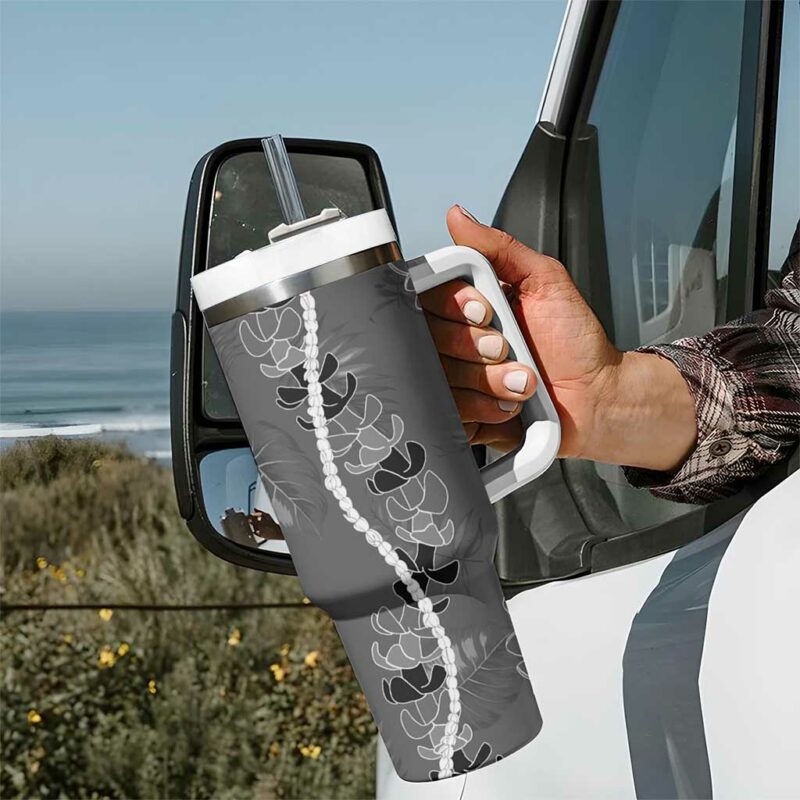Hawaii Maile Lei With Gray Monstera Custom Stanley Quencher 40oz Stainless Steel Tumbler With Handle - Threewoofs - Image 7