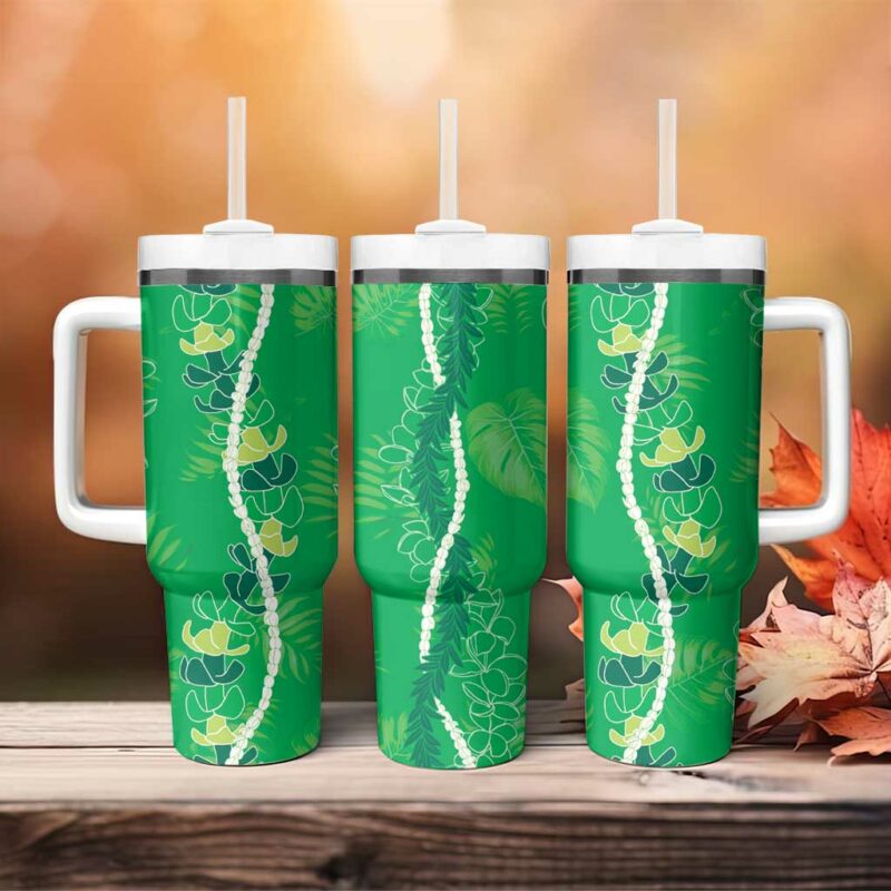 Hawaii Maile Lei With Green Monstera Custom Stanley Quencher 40oz Stainless Steel Tumbler With Handle - Threewoofs - Image 4