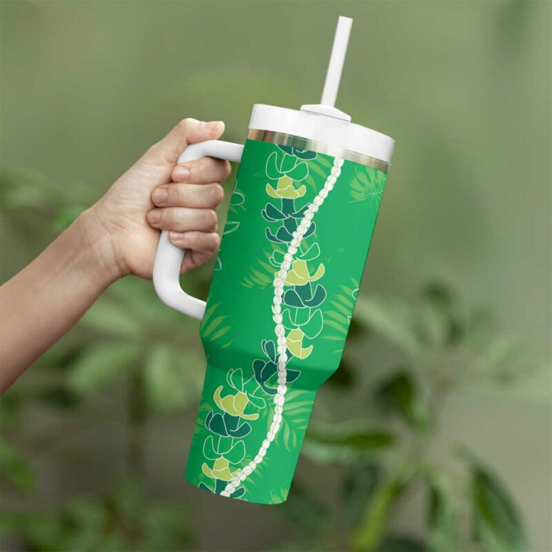Hawaii Maile Lei With Green Monstera Custom Stanley Quencher 40oz Stainless Steel Tumbler With Handle - Threewoofs - Image 3