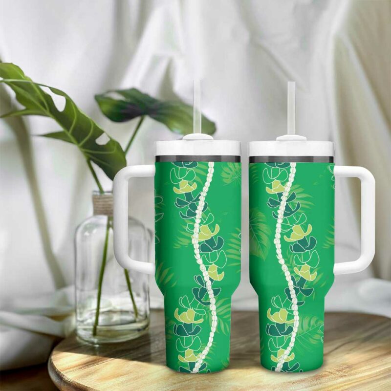Hawaii Maile Lei With Green Monstera Custom Stanley Quencher 40oz Stainless Steel Tumbler With Handle - Threewoofs - Image 9