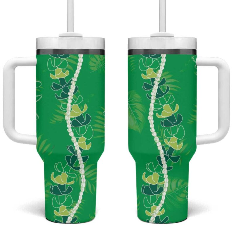Hawaii Maile Lei With Green Monstera Custom Stanley Quencher 40oz Stainless Steel Tumbler With Handle - Threewoofs