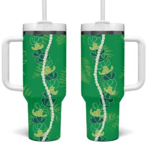Hawaii Maile Lei With Green Monstera Custom Stanley Quencher 40oz Stainless Steel Tumbler With Handle - Threewoofs