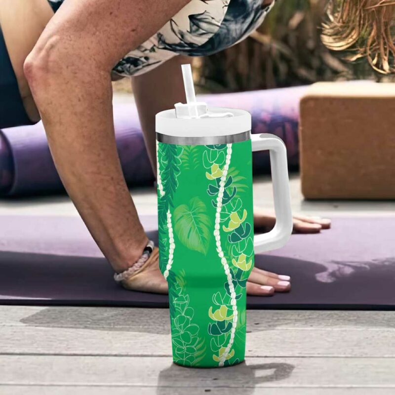 Hawaii Maile Lei With Green Monstera Custom Stanley Quencher 40oz Stainless Steel Tumbler With Handle - Threewoofs - Image 6